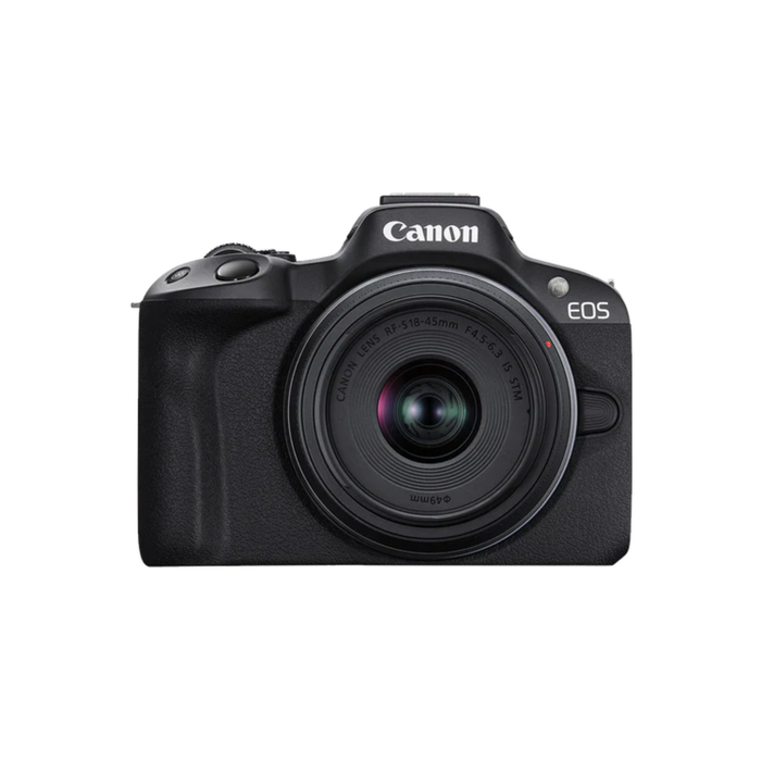 Front view of Canon EOS R50 mirrorless camera with RF-S 18-45mm kit lens attached