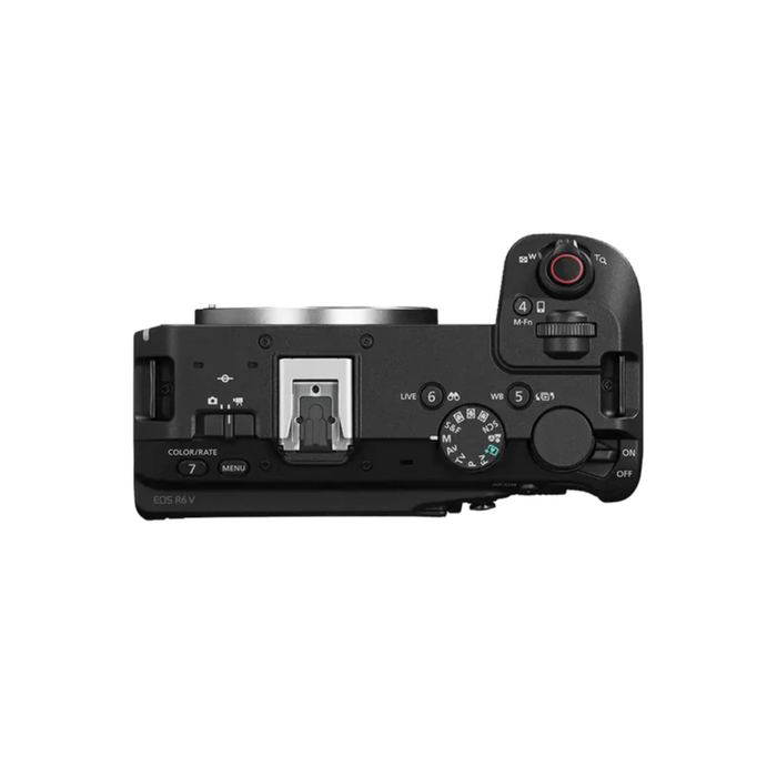 Canon EOS R6 V hybrid camera body top close up on controls
