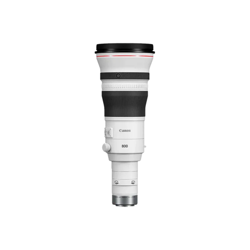 Professional Canon RF 800mm f/5.6L IS USM Lens close-up showing super telephoto design.