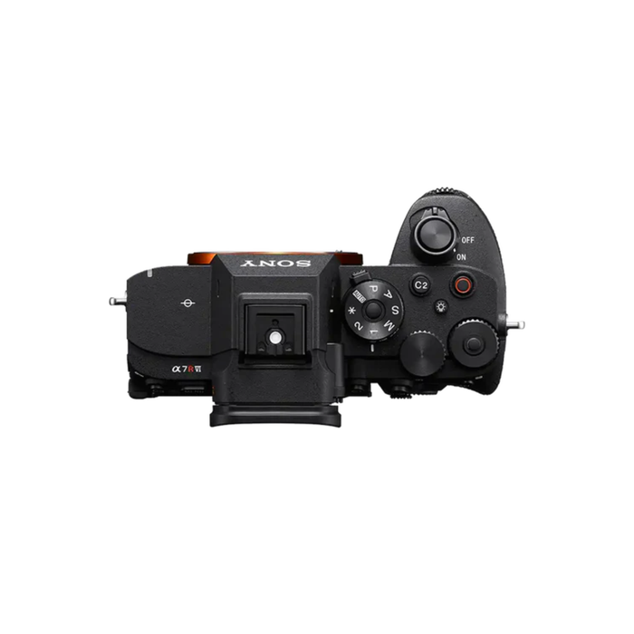 Close-up top view of Sony A7R VI camera controls and body design