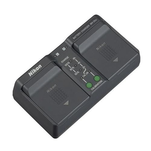 The Nikon MH-26a battery charger specifically designed to charge up to two EN-EL18a, EN-EL18b or EN-EL18 Li-ion batteries. The charger comes with a power cable and two contact protectors.